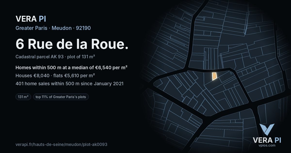 6 Rue de la Roue, Meudon at night – the plot lit, the parcels around coloured by the prices near them