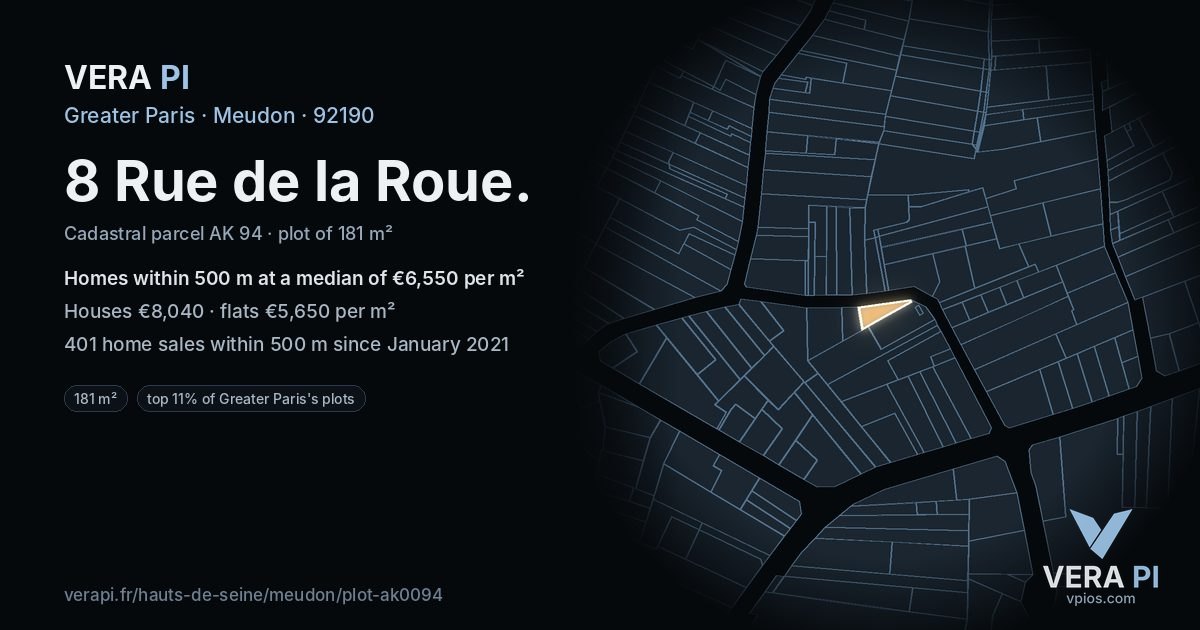 8 Rue de la Roue, Meudon at night – the plot lit, the parcels around coloured by the prices near them