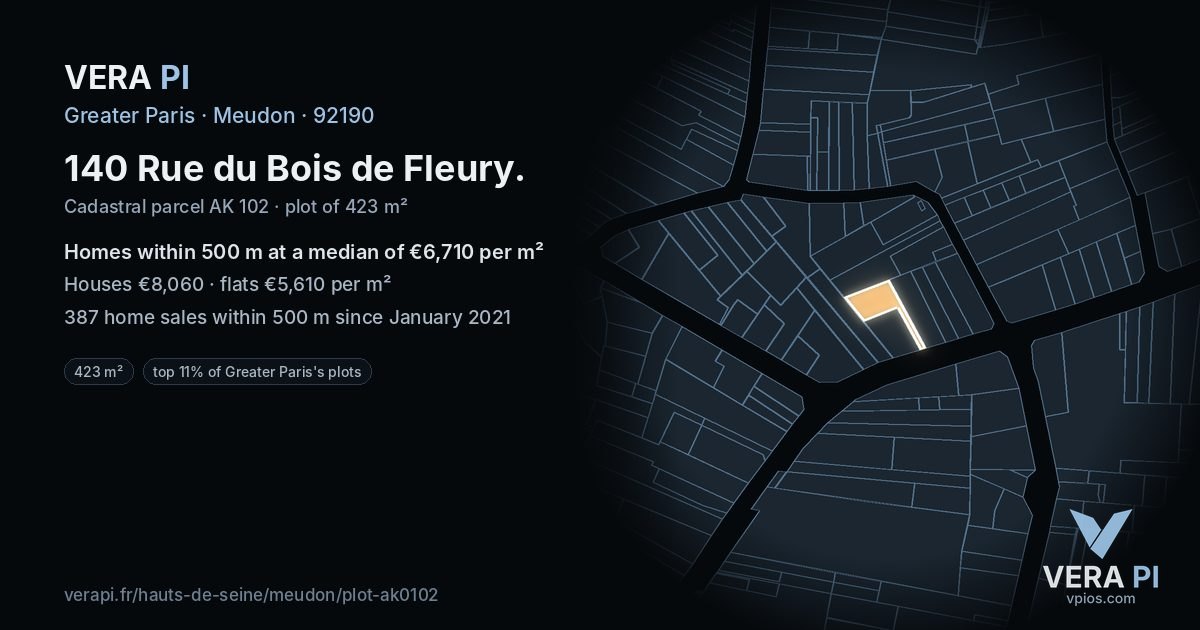 140 Rue du Bois de Fleury, Meudon at night – the plot lit, the parcels around coloured by the prices near them