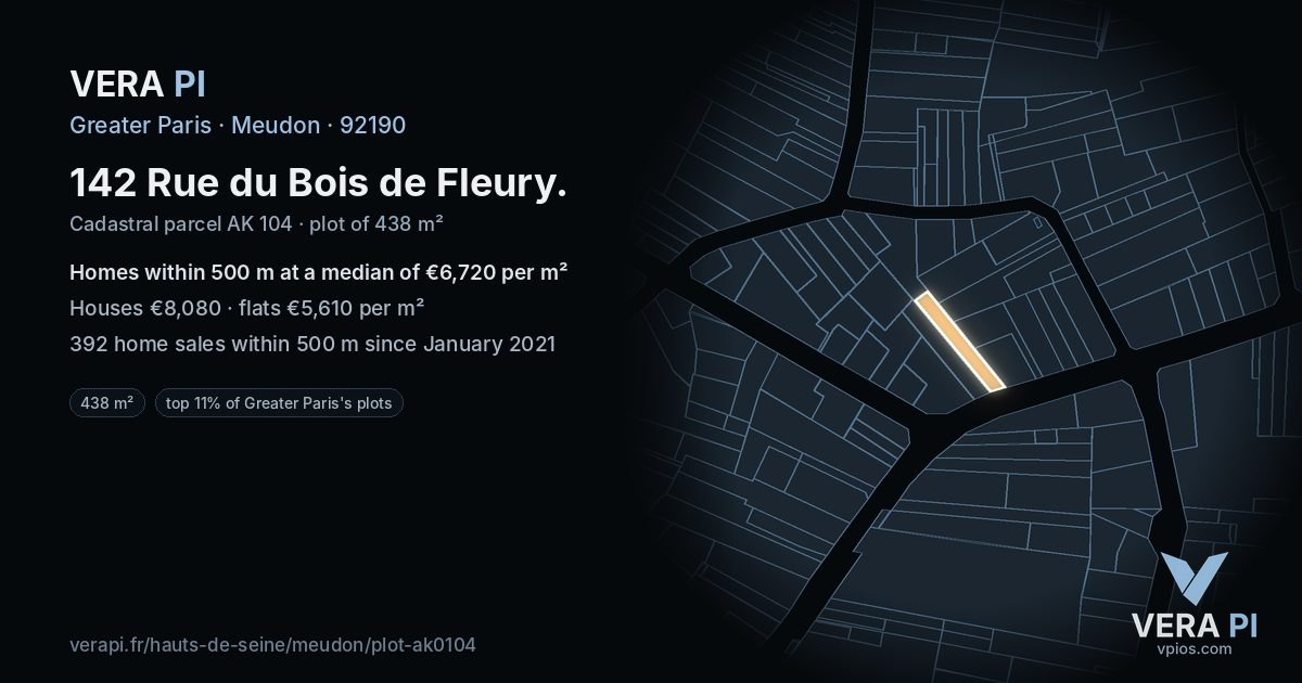 142 Rue du Bois de Fleury, Meudon at night – the plot lit, the parcels around coloured by the prices near them