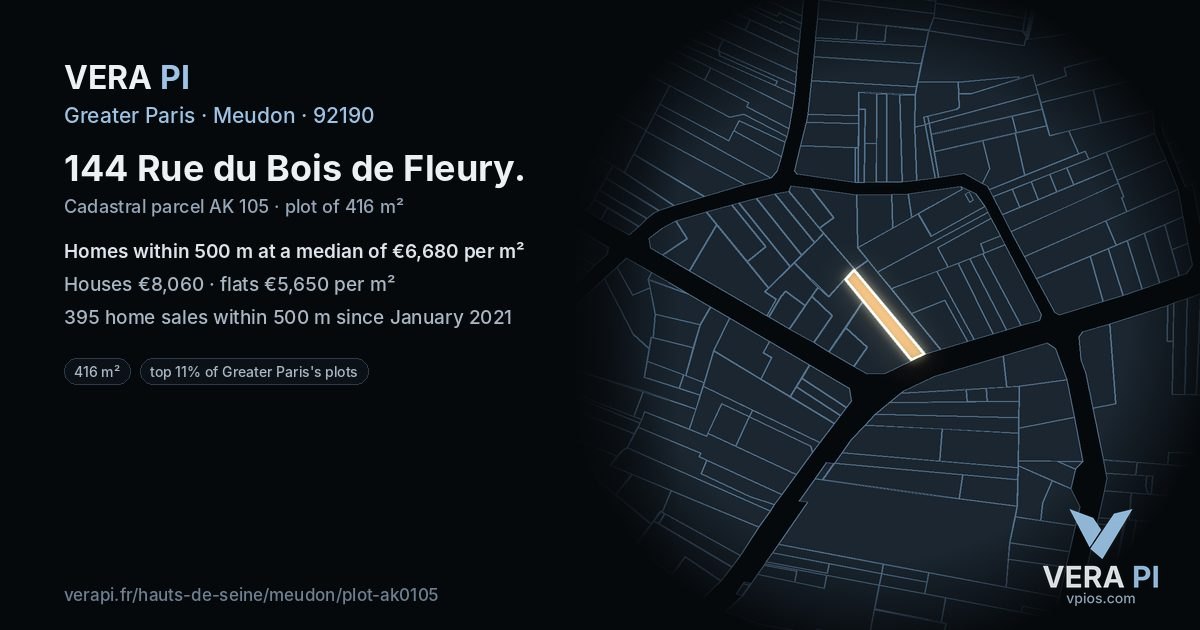 144 Rue du Bois de Fleury, Meudon at night – the plot lit, the parcels around coloured by the prices near them