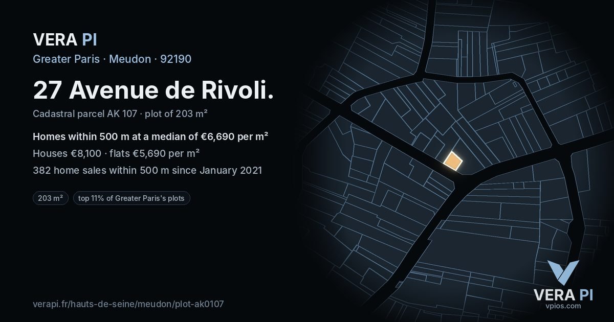 27 Avenue de Rivoli, Meudon at night – the plot lit, the parcels around coloured by the prices near them