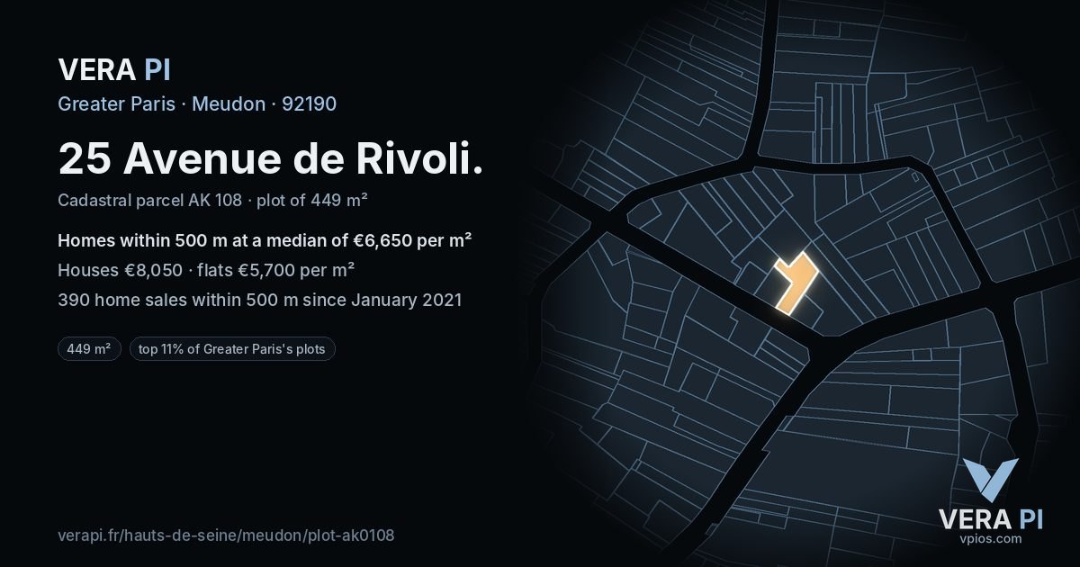 25 Avenue de Rivoli, Meudon at night – the plot lit, the parcels around coloured by the prices near them