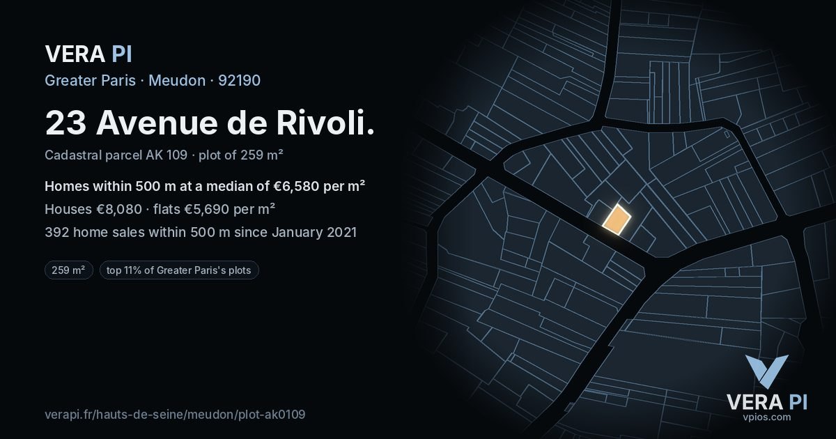 23 Avenue de Rivoli, Meudon at night – the plot lit, the parcels around coloured by the prices near them