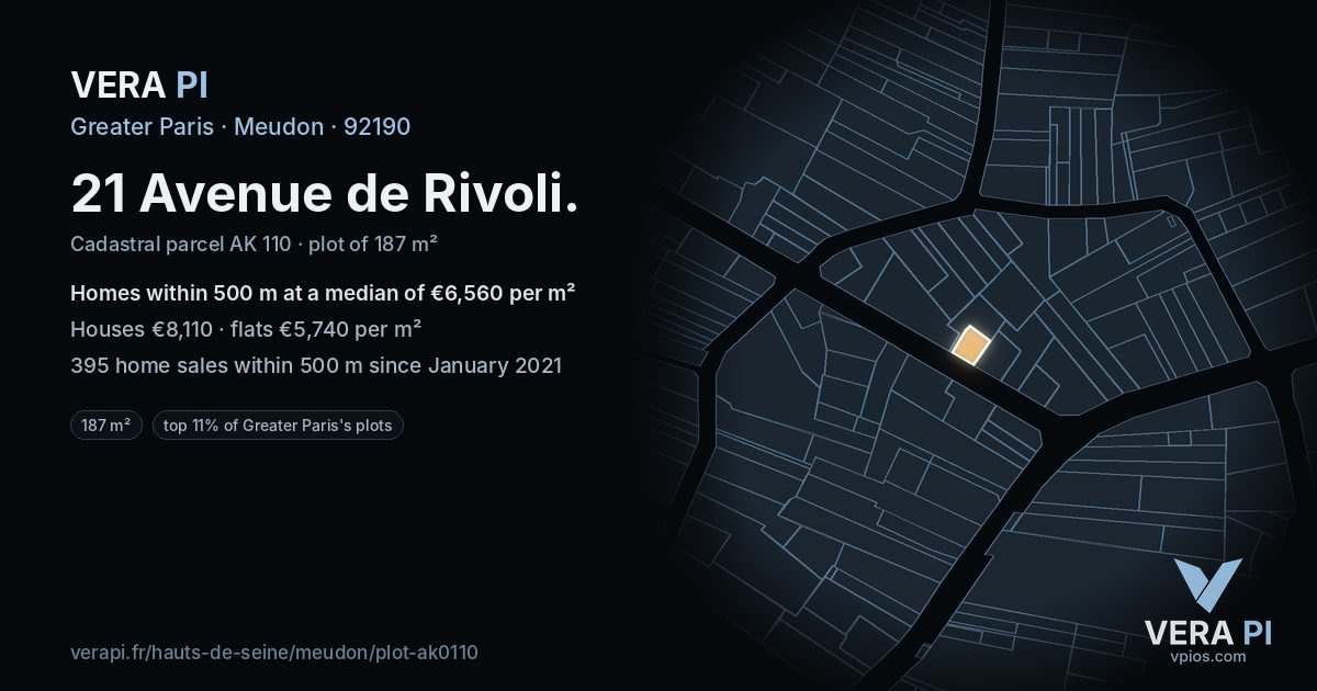 21 Avenue de Rivoli, Meudon at night – the plot lit, the parcels around coloured by the prices near them