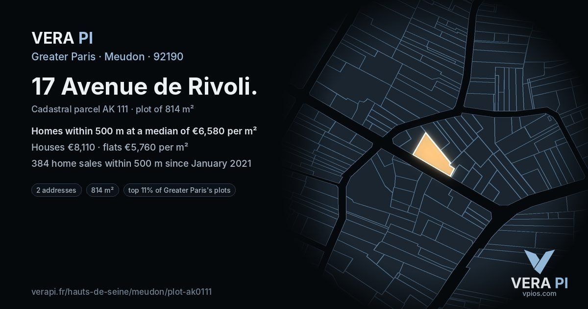 17 Avenue de Rivoli, Meudon at night – the plot lit, the parcels around coloured by the prices near them