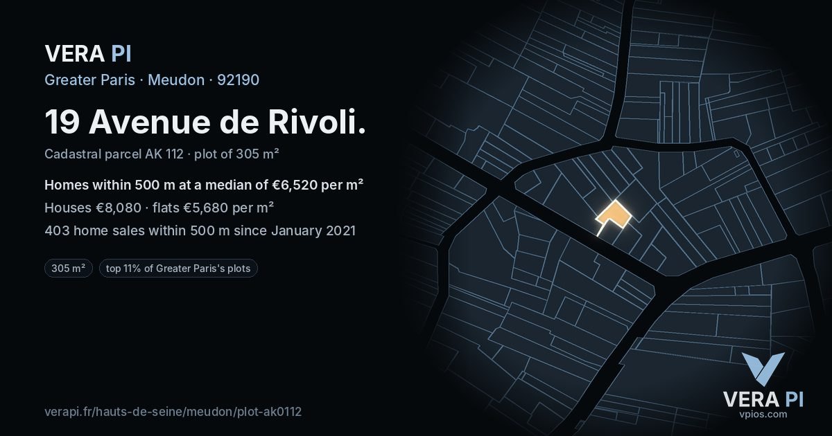 19 Avenue de Rivoli, Meudon at night – the plot lit, the parcels around coloured by the prices near them