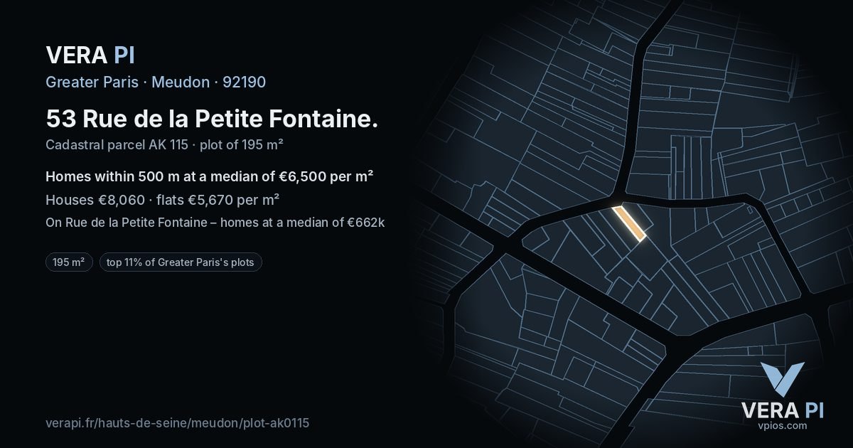 53 Rue de la Petite Fontaine, Meudon at night – the plot lit, the parcels around coloured by the prices near them