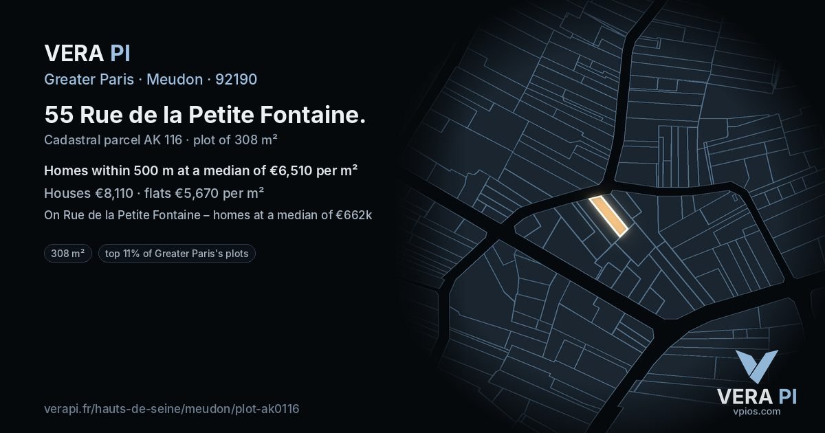 55 Rue de la Petite Fontaine, Meudon at night – the plot lit, the parcels around coloured by the prices near them