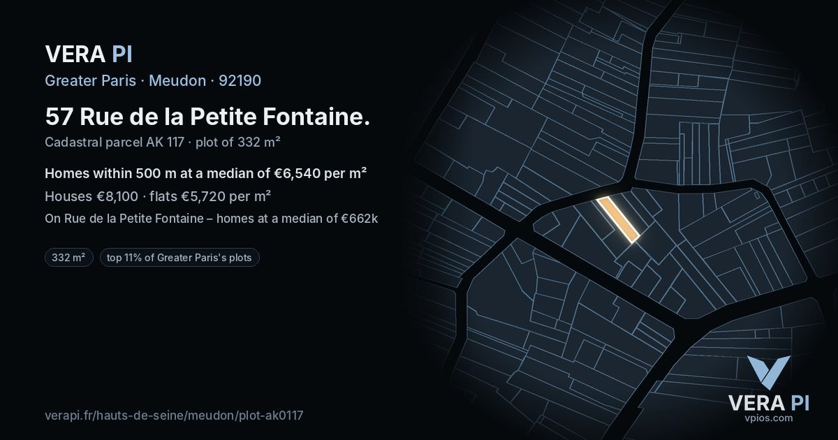57 Rue de la Petite Fontaine, Meudon at night – the plot lit, the parcels around coloured by the prices near them