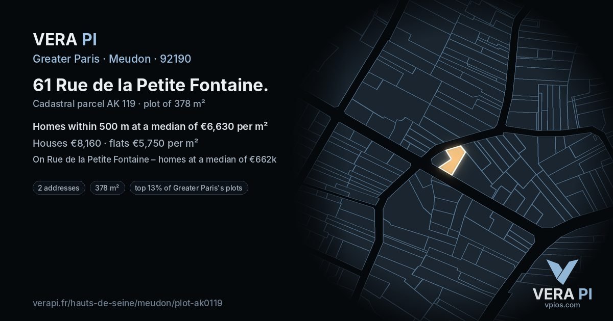 61 Rue de la Petite Fontaine, Meudon at night – the plot lit, the parcels around coloured by the prices near them