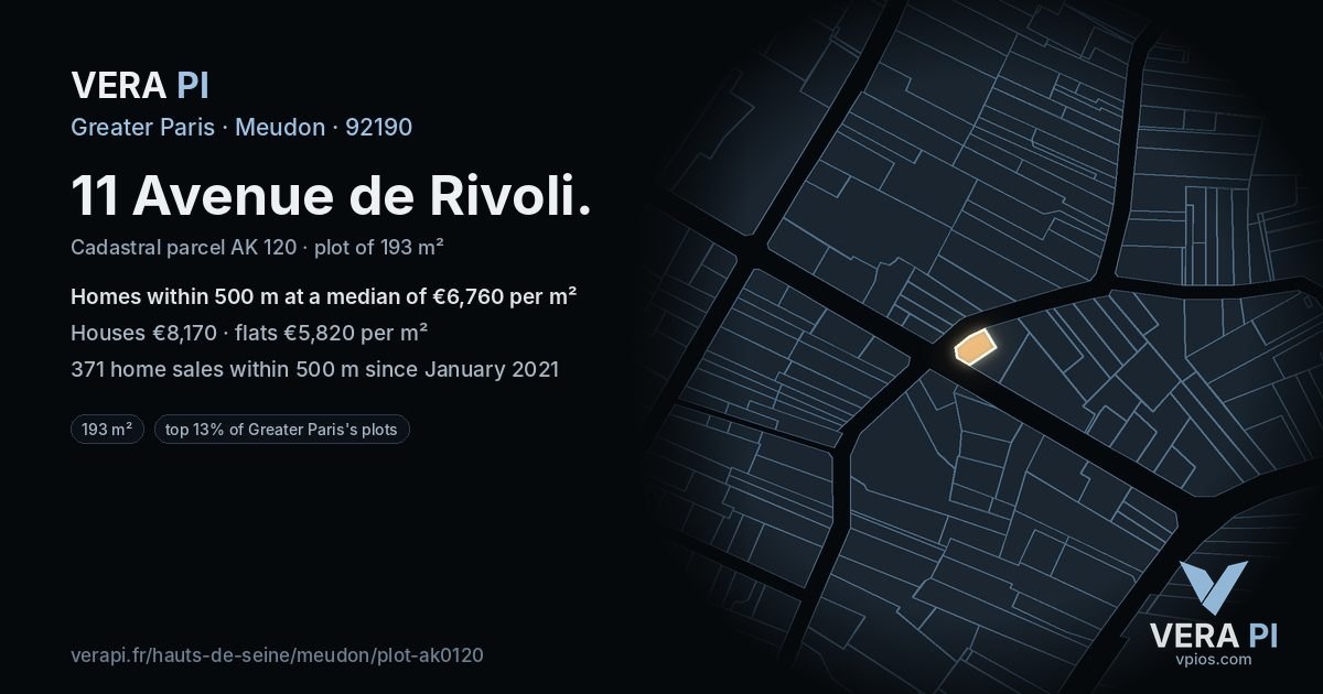 11 Avenue de Rivoli, Meudon at night – the plot lit, the parcels around coloured by the prices near them