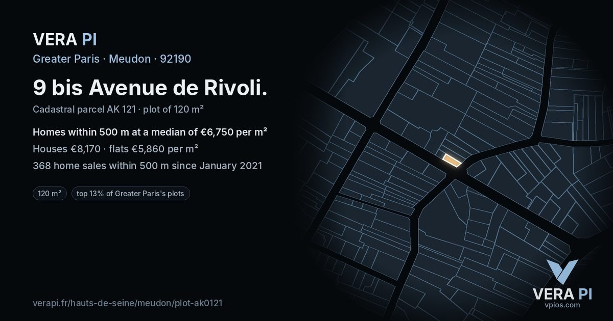 9 bis Avenue de Rivoli, Meudon at night – the plot lit, the parcels around coloured by the prices near them