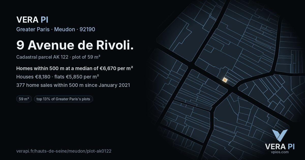 9 Avenue de Rivoli, Meudon at night – the plot lit, the parcels around coloured by the prices near them