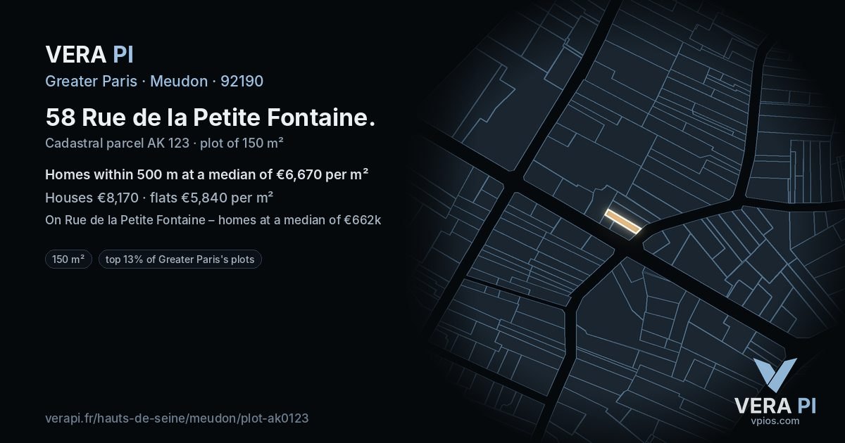 58 Rue de la Petite Fontaine, Meudon at night – the plot lit, the parcels around coloured by the prices near them