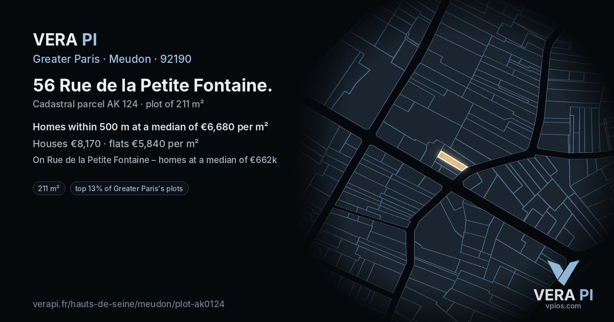 56 Rue de la Petite Fontaine, Meudon at night – the plot lit, the parcels around coloured by the prices near them
