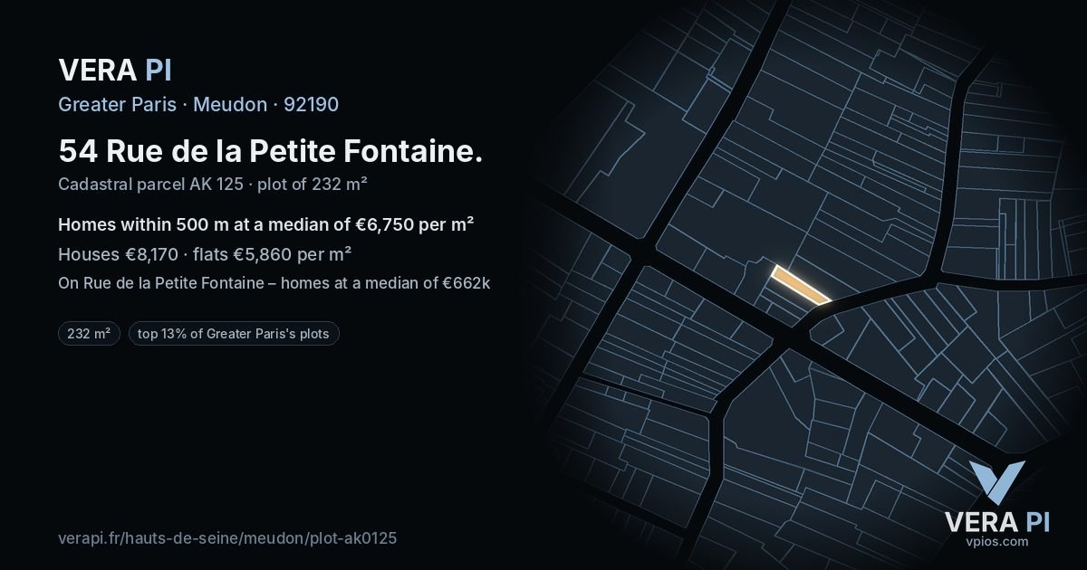 54 Rue de la Petite Fontaine, Meudon at night – the plot lit, the parcels around coloured by the prices near them