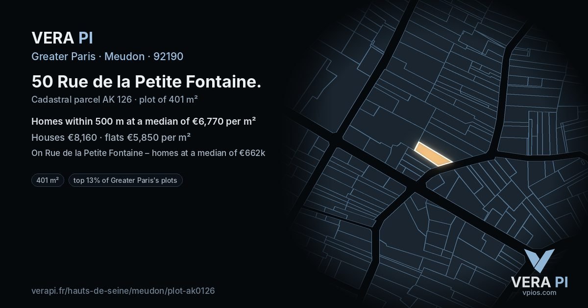 50 Rue de la Petite Fontaine, Meudon at night – the plot lit, the parcels around coloured by the prices near them