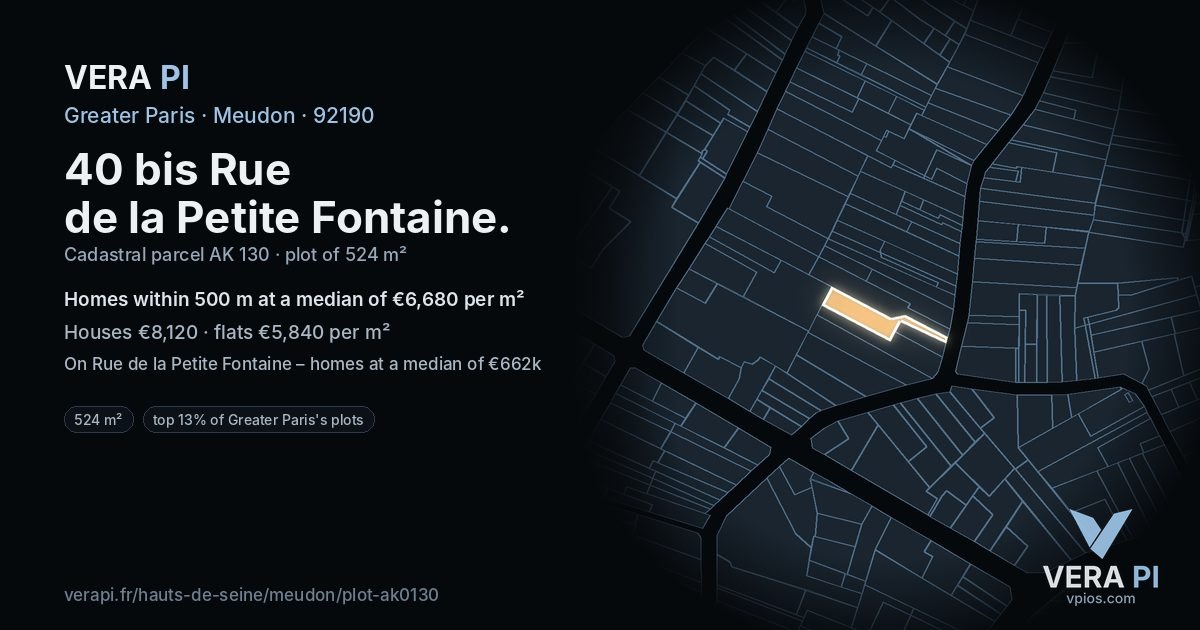 40 bis Rue de la Petite Fontaine, Meudon at night – the plot lit, the parcels around coloured by the prices near them