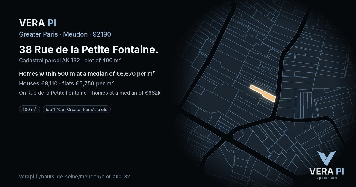 38 Rue de la Petite Fontaine, Meudon at night – the plot lit, the parcels around coloured by the prices near them