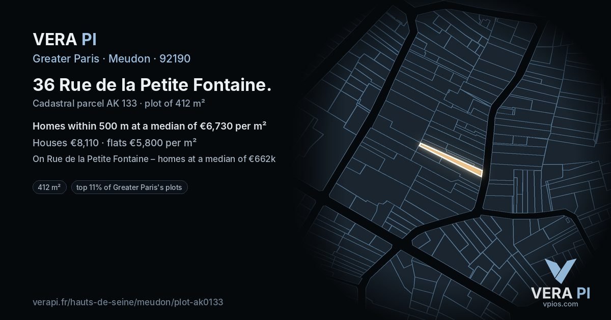 36 Rue de la Petite Fontaine, Meudon at night – the plot lit, the parcels around coloured by the prices near them