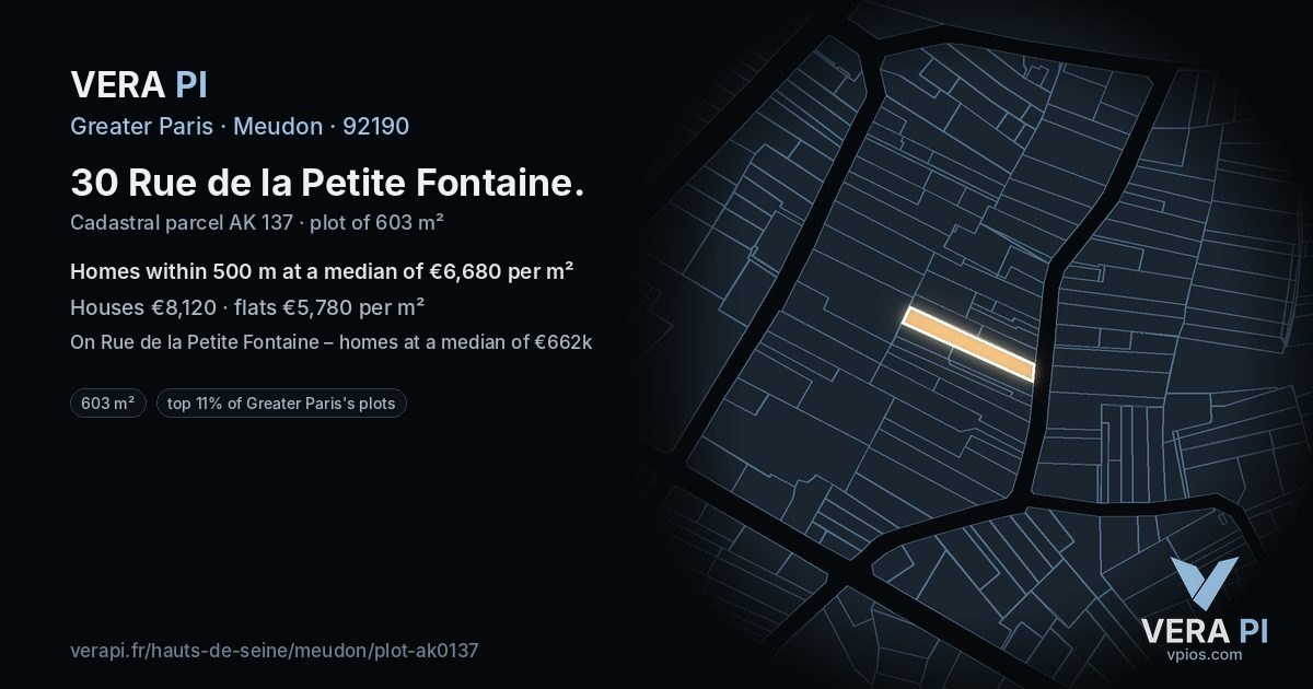 30 Rue de la Petite Fontaine, Meudon at night – the plot lit, the parcels around coloured by the prices near them