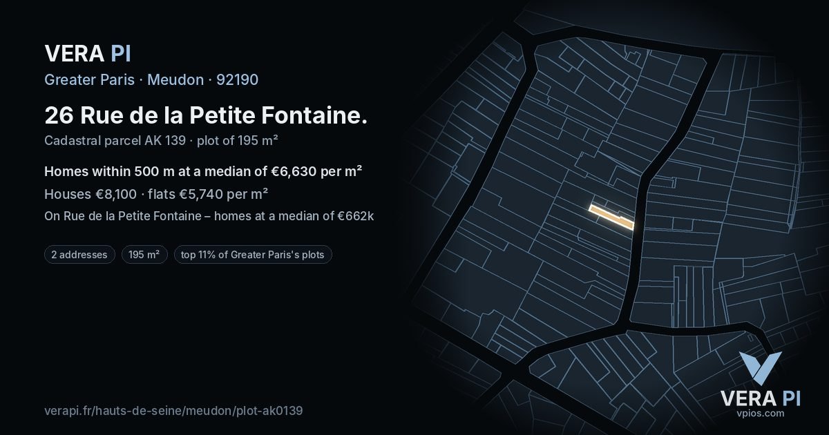 26 Rue de la Petite Fontaine, Meudon at night – the plot lit, the parcels around coloured by the prices near them