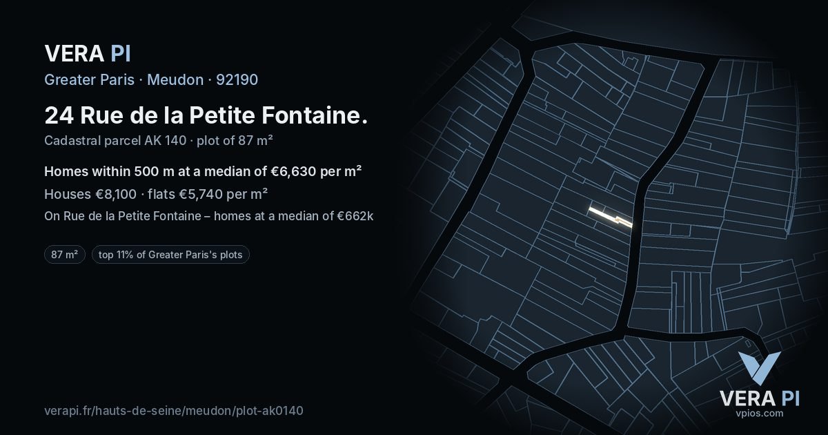 24 Rue de la Petite Fontaine, Meudon at night – the plot lit, the parcels around coloured by the prices near them