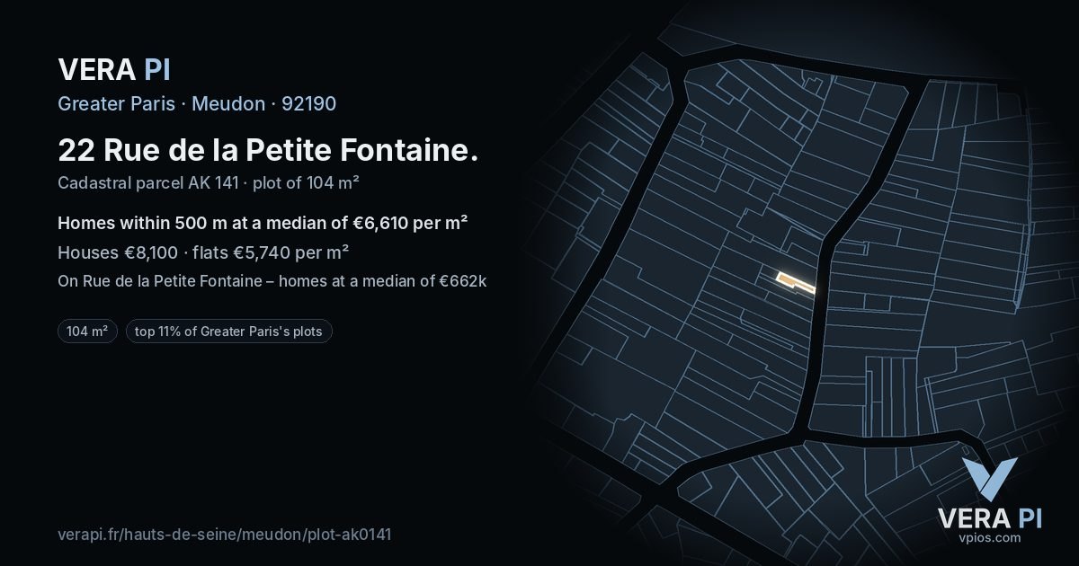 22 Rue de la Petite Fontaine, Meudon at night – the plot lit, the parcels around coloured by the prices near them