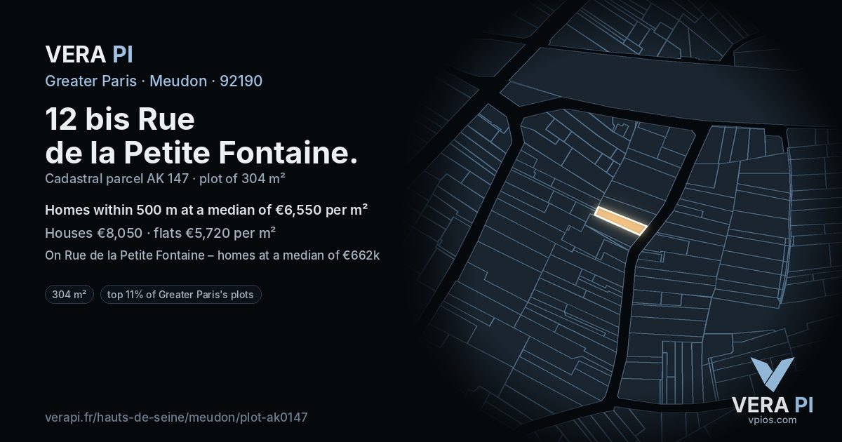12 bis Rue de la Petite Fontaine, Meudon at night – the plot lit, the parcels around coloured by the prices near them