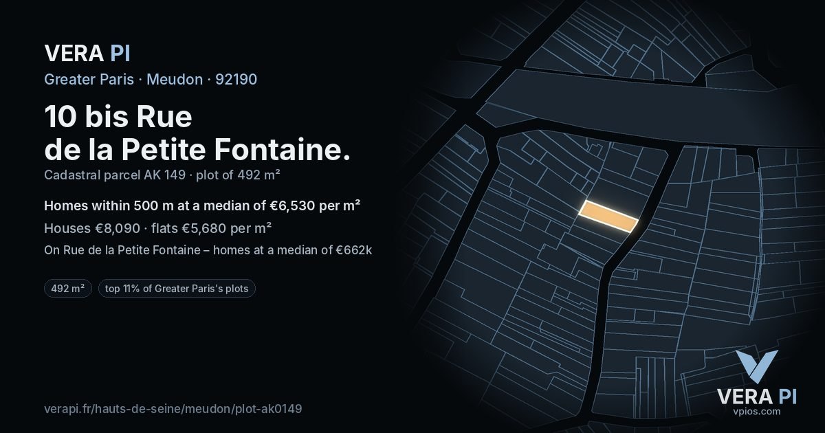 10 bis Rue de la Petite Fontaine, Meudon at night – the plot lit, the parcels around coloured by the prices near them