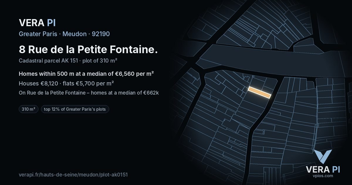 8 Rue de la Petite Fontaine, Meudon at night – the plot lit, the parcels around coloured by the prices near them