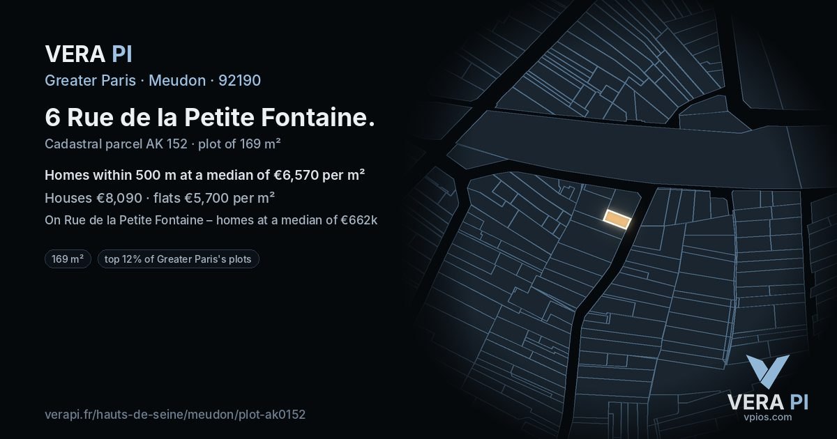6 Rue de la Petite Fontaine, Meudon at night – the plot lit, the parcels around coloured by the prices near them