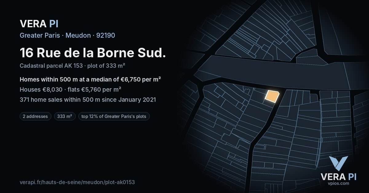 16 Rue de la Borne Sud, Meudon at night – the plot lit, the parcels around coloured by the prices near them