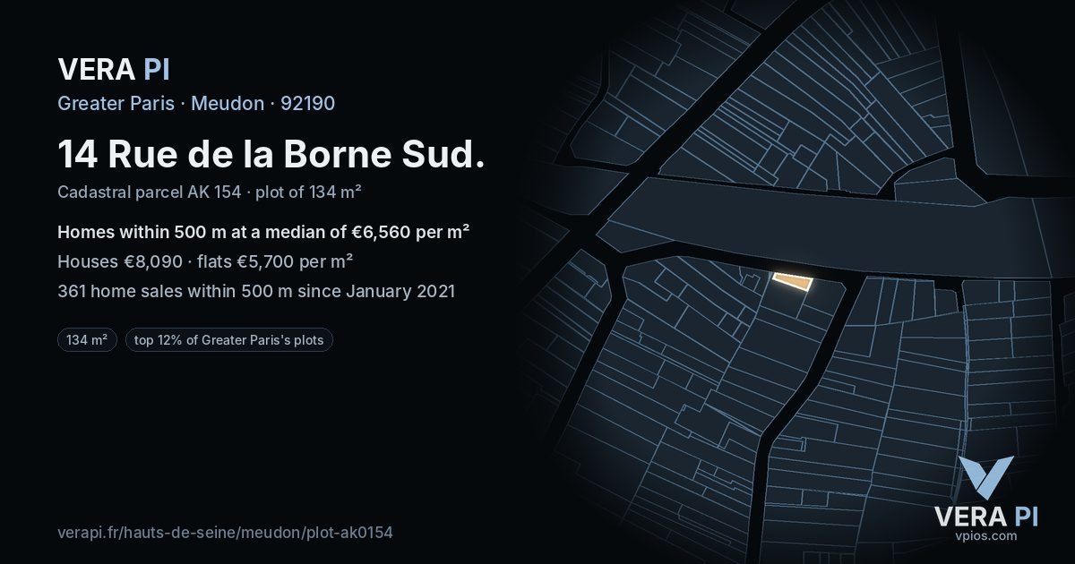 14 Rue de la Borne Sud, Meudon at night – the plot lit, the parcels around coloured by the prices near them