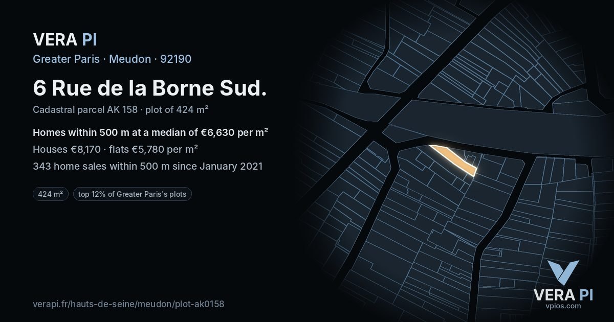 6 Rue de la Borne Sud, Meudon at night – the plot lit, the parcels around coloured by the prices near them
