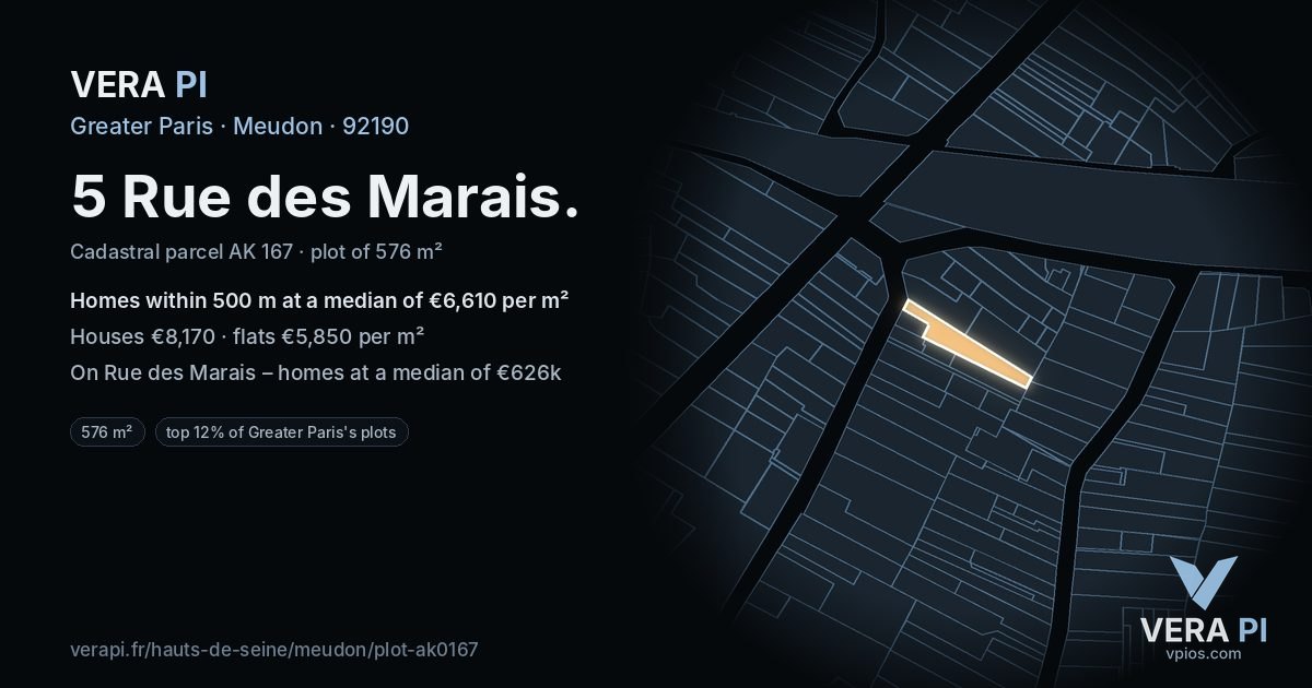 5 Rue des Marais, Meudon at night – the plot lit, the parcels around coloured by the prices near them