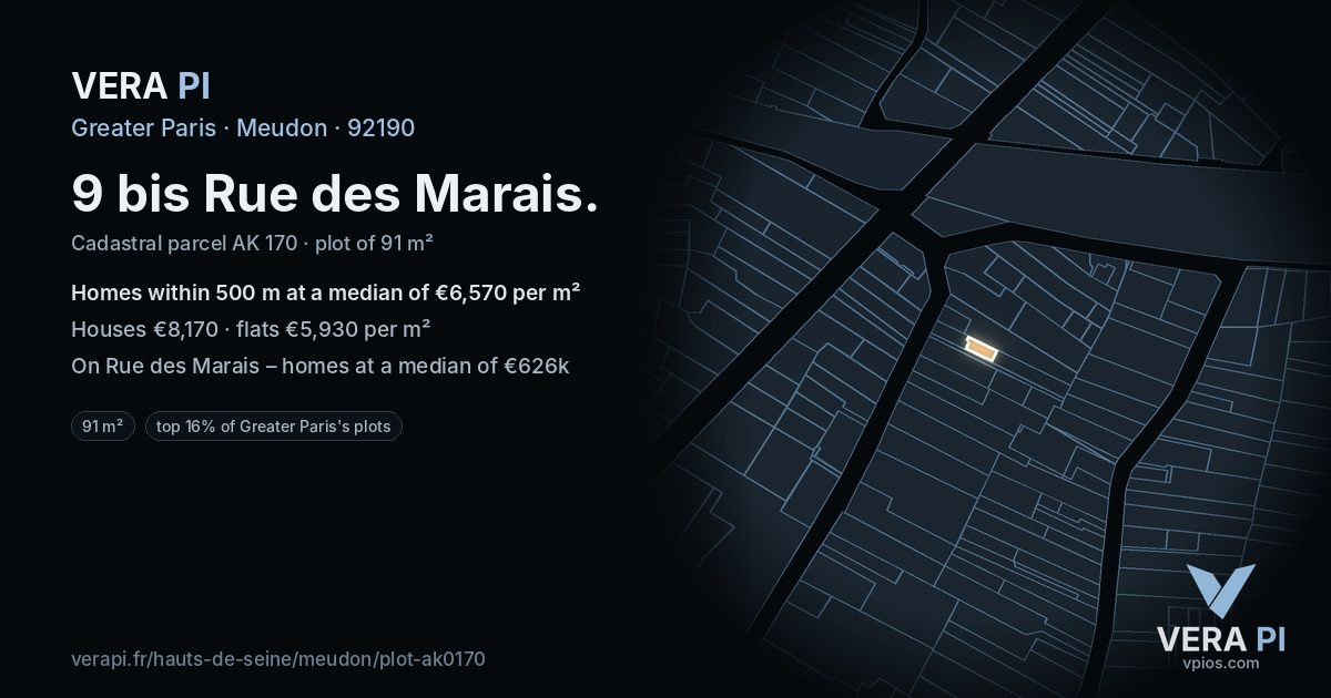 9 bis Rue des Marais, Meudon at night – the plot lit, the parcels around coloured by the prices near them