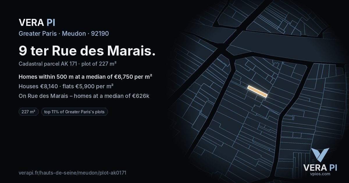 9 ter Rue des Marais, Meudon at night – the plot lit, the parcels around coloured by the prices near them