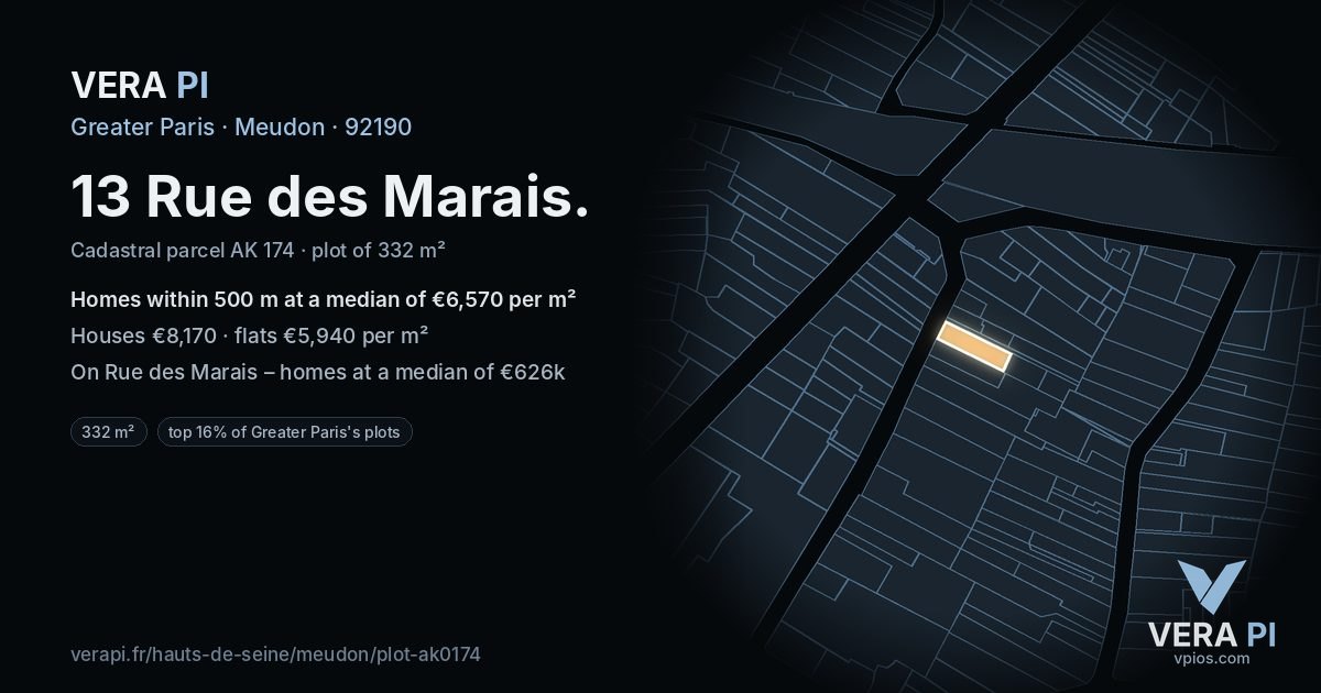 13 Rue des Marais, Meudon at night – the plot lit, the parcels around coloured by the prices near them