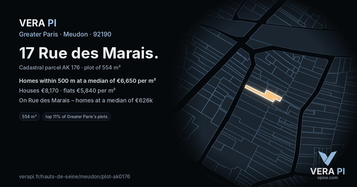 17 Rue des Marais, Meudon at night – the plot lit, the parcels around coloured by the prices near them