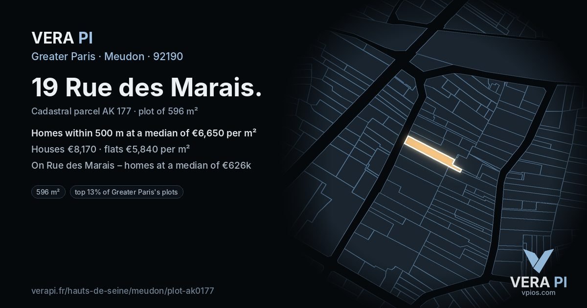 19 Rue des Marais, Meudon at night – the plot lit, the parcels around coloured by the prices near them