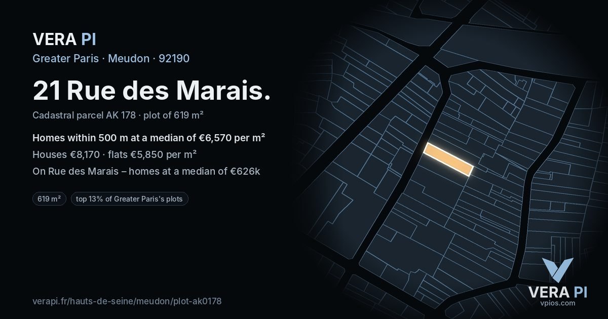 21 Rue des Marais, Meudon at night – the plot lit, the parcels around coloured by the prices near them