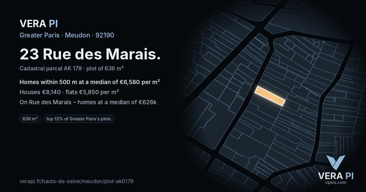 23 Rue des Marais, Meudon at night – the plot lit, the parcels around coloured by the prices near them