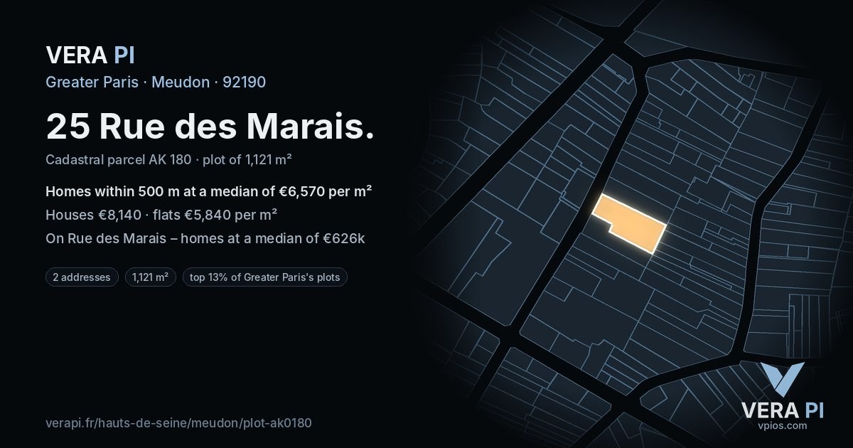 25 Rue des Marais, Meudon at night – the plot lit, the parcels around coloured by the prices near them