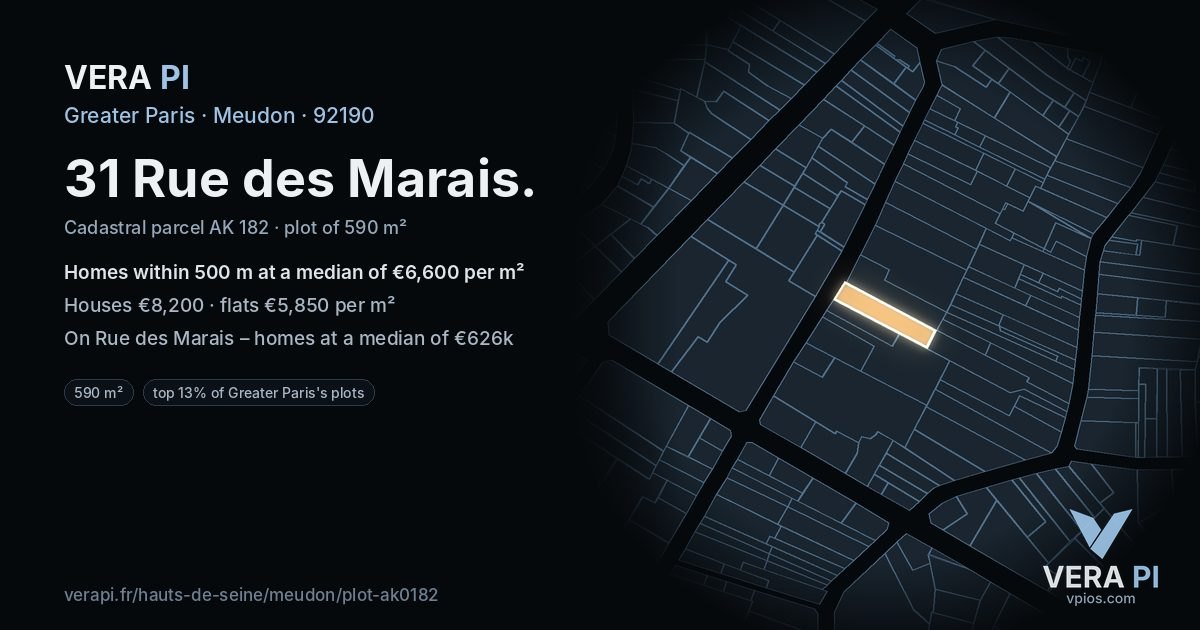 31 Rue des Marais, Meudon at night – the plot lit, the parcels around coloured by the prices near them