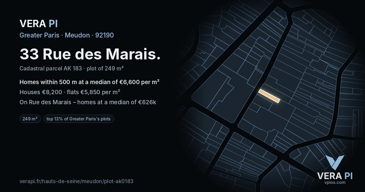 33 Rue des Marais, Meudon at night – the plot lit, the parcels around coloured by the prices near them