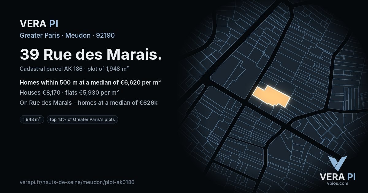 39 Rue des Marais, Meudon at night – the plot lit, the parcels around coloured by the prices near them