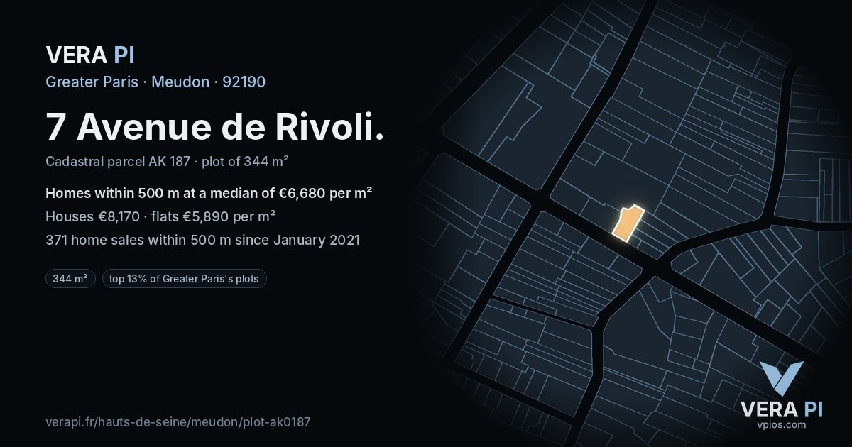 7 Avenue de Rivoli, Meudon at night – the plot lit, the parcels around coloured by the prices near them
