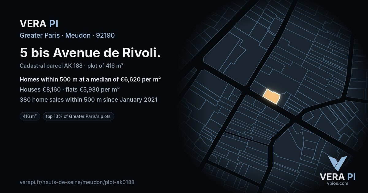 5 bis Avenue de Rivoli, Meudon at night – the plot lit, the parcels around coloured by the prices near them